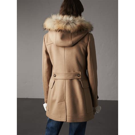 burberry detachable fur trim wool duffle coat camel